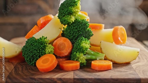 Fresh vegetables and water falling onto a wooden board