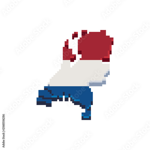 Pixel art map of the Netherlands filled with the Dutch national flag colors. Retro 8-bit geographic icon for games, travel projects, educational content and country collections.