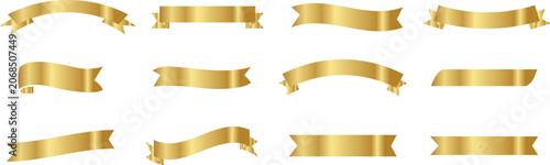 Golden ribbon banner set realistic metallic gold scroll design elements