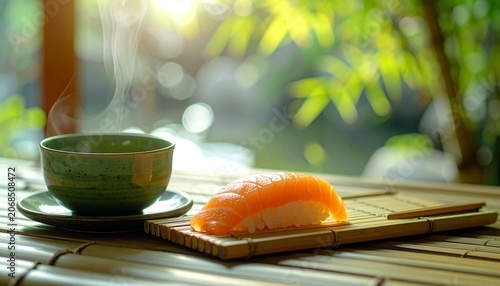 Sushi and steaming cup of coffee on a wooden table outdoors in nature