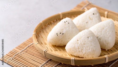 Triangular shaped rice balls on a woven bamboo plate on a mat