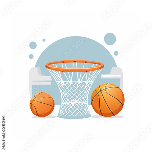 Basketball hoop and balls with couch in background
