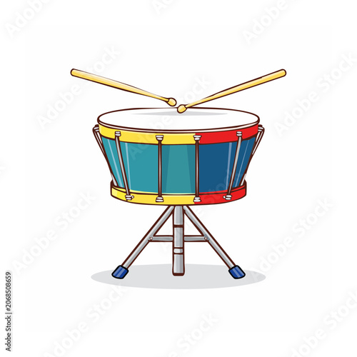 Colorful cartoon drum with drumsticks on stand
