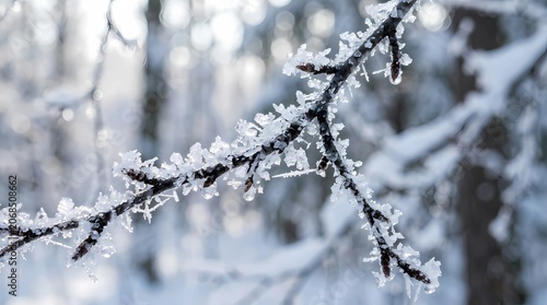 Snow covered tree branches in winter forest with frost ice snow frozen nature closeup blue sky branches season white cold winter landscape