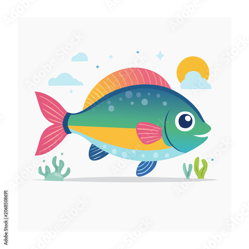 Colorful cartoon fish with seaweed and sun illustration