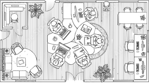 Detailed hand-drawn floor plan showing a modern office layout and architectural sketch of a productive workspace with people working together.