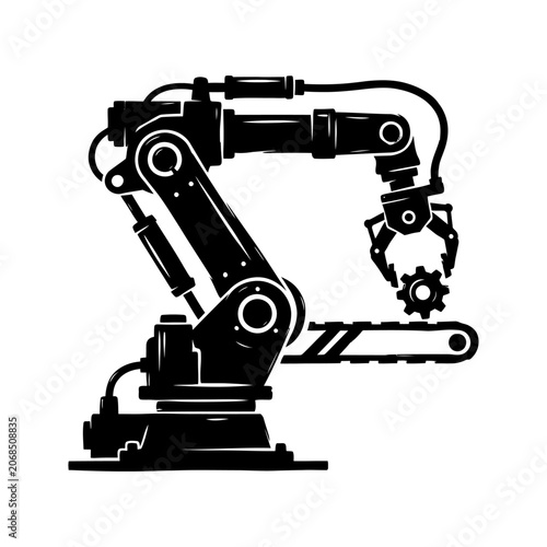 Advanced industrial robotic arm automation system manipulating a mechanical gear over a conveyor belt for smart factory manufacturing and engineering
