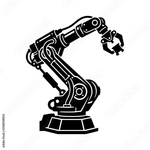 Minimalist Black Silhouette of an Industrial Robotic Arm for Factory Automation and Modern Manufacturing Process