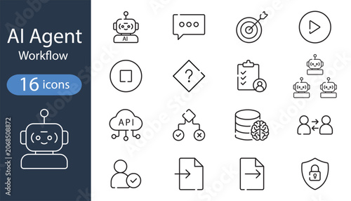 Ai agent workflow icon set featuring robotic automation artificial intelligence and data management.