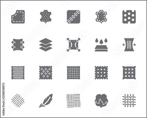 Set of Textile icon fabric icons glyph style. It contains such Icons as layered material, cotton, leather, membrane fabric, decorative textile, feather filter, elastic, knitted, lightweight