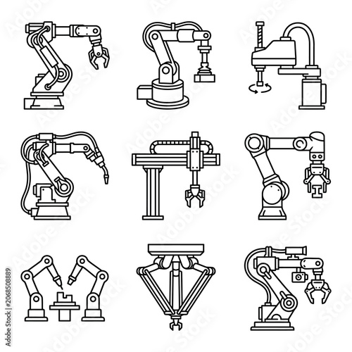 Comprehensive Industrial Robot Line Icon Set Featuring Robotic Arm Automation and Manufacturing Solutions for Modern Factory Systems