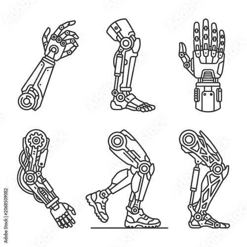 A collection of robotic and prosthetic limb icons featuring bionic arm and leg designs for advanced medical technology and cyborg engineering