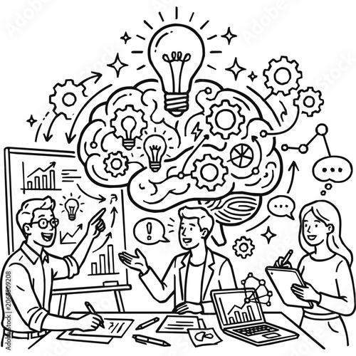 Strategy - Brainstorming and Innovation Process with a Business Team Focusing on Idea Generation and Creative Thinking in a Professional Setting.