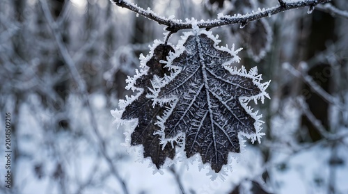 Snow covered pine tree branches with white frost in a winter forest under a clear blue sky