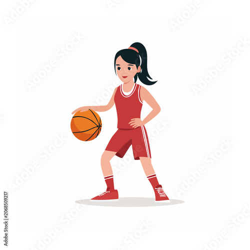 Young girl playing basketball in red uniform