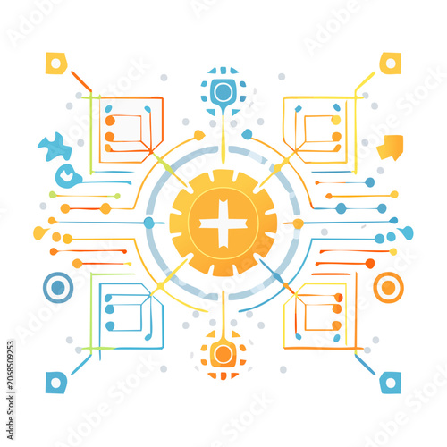 Abstract technology network with gear and plus sign