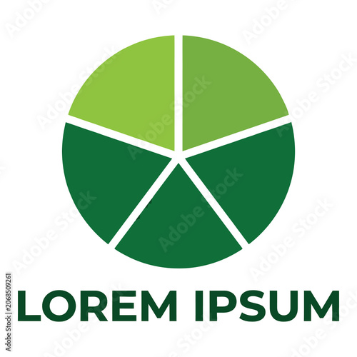 Pie chart with green sections and lorem ipsum text on white background icon
