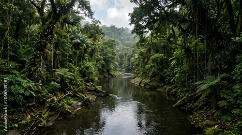 A beautiful waterfall flows through a lush green forest with rocks, trees, and a clear stream