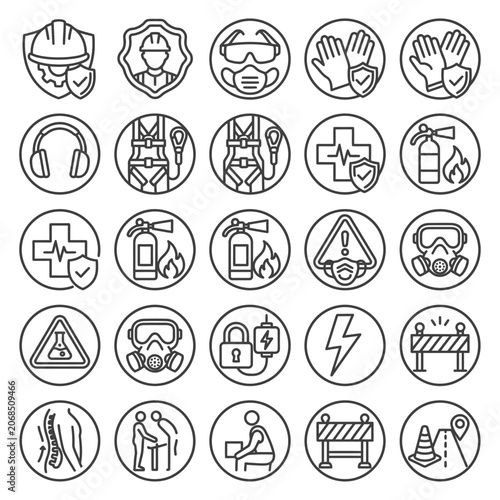 Industrial safety icon set for occupational health and protective equipment featuring hazard warning signs and construction site security symbols