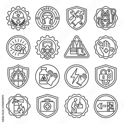Comprehensive collection of occupational safety icons and industrial protection symbols for workplace health and safety compliance management