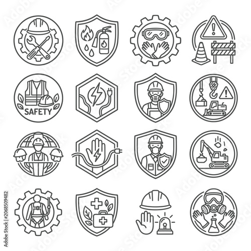 Comprehensive Industrial Safety and Protection Icons Set Featuring Work Equipment like Hard Hats, Fire Extinguishers, and PPE for Occupational Health