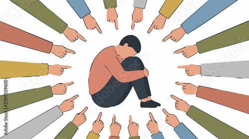 Fotografia Sad, isolated person surrounded by pointing fingers, depicting bullying and blam