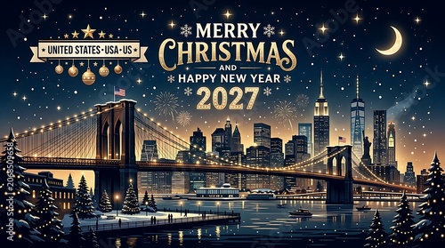Merry Christmas and Happy New Year 2027 with Brooklyn Bridge and New York City skyline winter celebration.