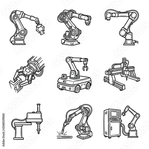 Industrial robot sketch collection featuring automation icons, a robotic arm, and manufacturing machinery in a clean black and white line art style.