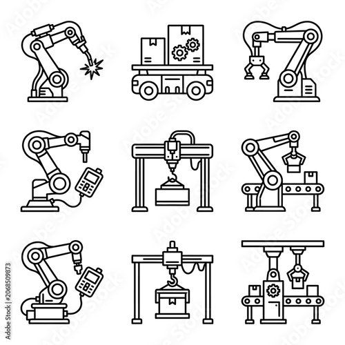 Set of industrial robot and automation icon designs for smart manufacturing and modern factory production systems