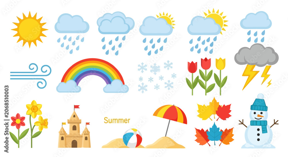 Naklejka premium Comprehensive weather forecast icons and seasonal symbols