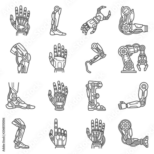 Technical icons featuring a robotic hand, prosthetic leg, mechanical arm, bionic limb, and artificial exoskeleton designs for cybernetics and