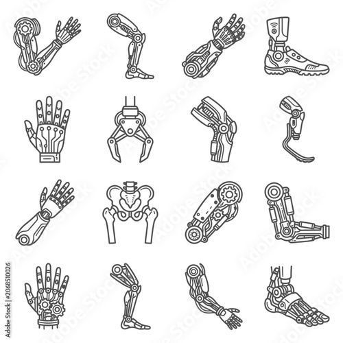 Collection of prosthetic and robotic cybernetic limb icons featuring bionic arm, leg, hand, and joint designs for medical and technological concepts.