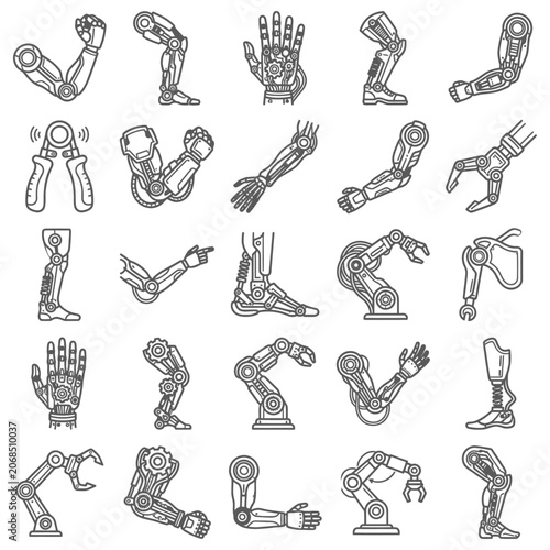 Comprehensive collection of robotic prosthetic bionic mechanical limb icons and industrial grippers representing future technology and medical