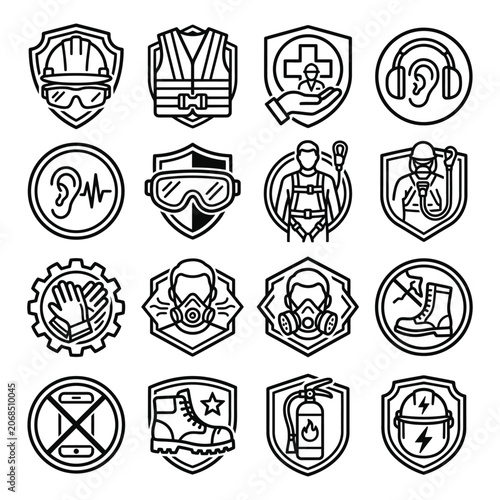 Set of occupational safety emblems and protective equipment symbols to mitigate workplace hazards including construction icons for industrial health.