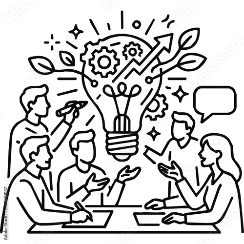 Collaborative Brainstorming Session Focused on Innovation and Teamwork Around a Light Bulb Representing Creativity and Sustainable Business Growth