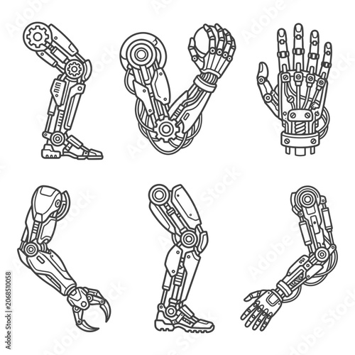 Collection of robotic prosthetic bionic and cybernetic limbs featuring futuristic arms and legs with intricate mechanical gear details for