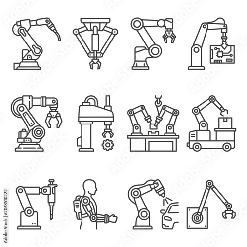 A set of industrial robot and automation icons for manufacturing technology and smart factory engineering featuring robotic arms and mechanical tools.