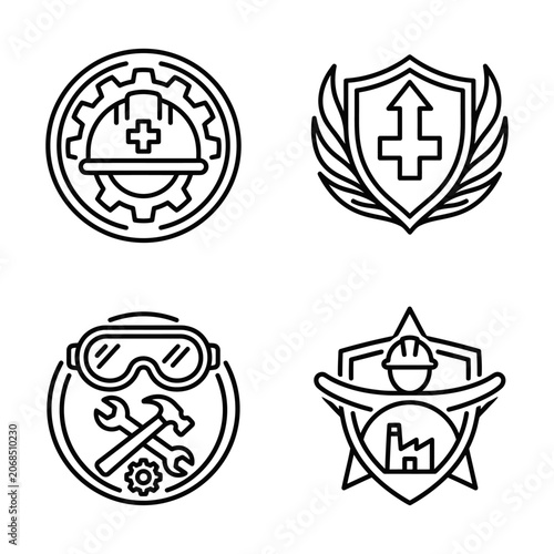Collection of Industrial Safety Emblem Icon Designs for Occupational Protection Featuring Hard Hat Gear and Tool Symbols