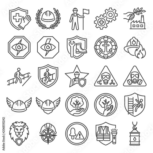 Workplace security - Comprehensive set of industrial safety icons for occupational health and protection in the workplace featuring security signs