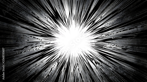 Abstract radial explosion of light in a comic book style, bright burst of energy in black and white