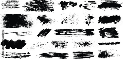 Foto Collection of black ink brush strokes and splatters on white background