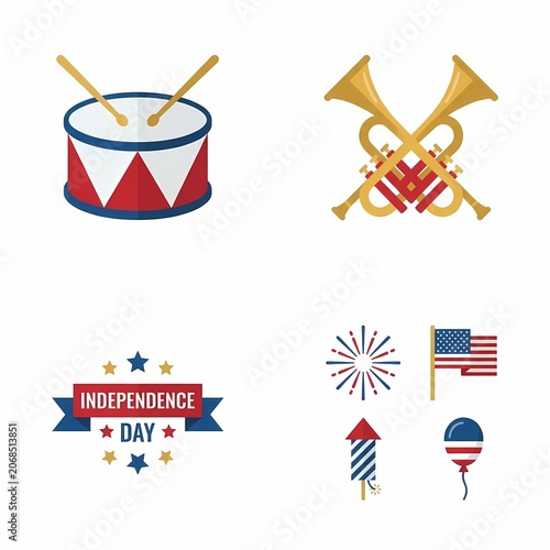 Independence Day Parade Illustration Featuring Drums, Trumpets, Fireworks, and Flags
