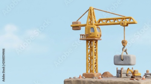 yellow crane lifting concrete block