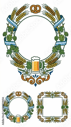 Oktoberfest themed illustration set with beer glasses and pretzels decorations