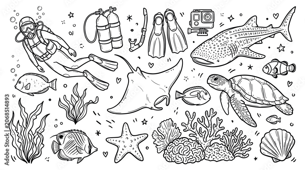 Obraz premium Detailed black and white line art illustration of various underwater sea creatures and diving equipment on a clean white background