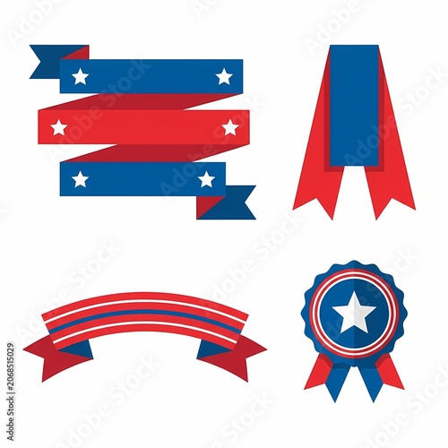 Patriotic ribbon banner illustrations showcase American flags and stars