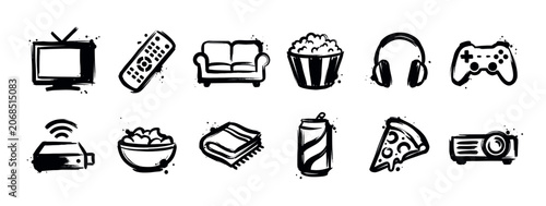 Collection of black brush stroke icons representing various home entertainment and snack items on a clean white background