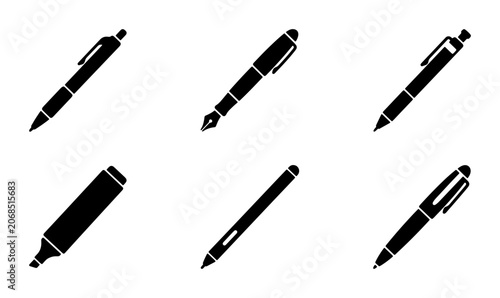 Schilderij op canvas Six Black Silhouette Writing Instruments, Pen and Marker Icons, Stationery and O