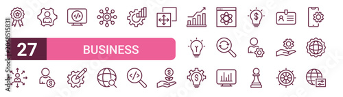 Set of 27 outline Business Development icons for modern UI, landing pages and digital services. Editable stroke collection with badge, person, project manager, search, idea and chess piece.