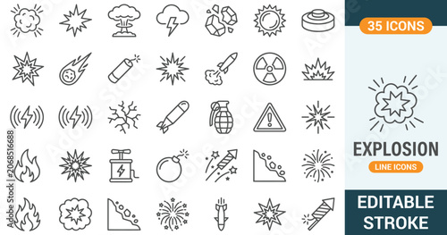 Explosion and detonation line icons set. Vector illustration of bomb blast, nuclear mushroom cloud, military grenade, dynamite detonator, fire spark, natural disaster elements, editable stroke.
